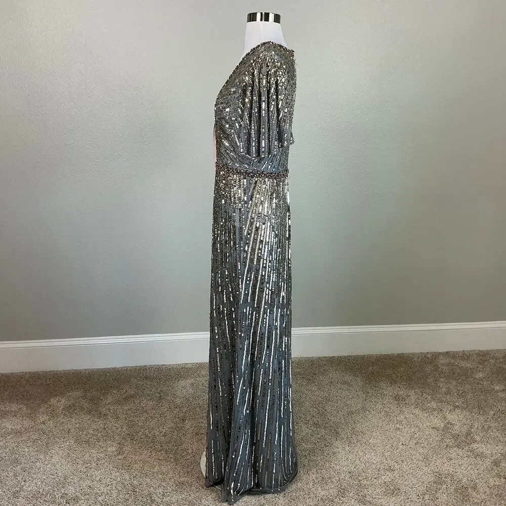 Mac Duggal 5538 Sequined Short Sleeve A-Line Evening Gown Silver Size 6 Dress - Picture 6 of 12